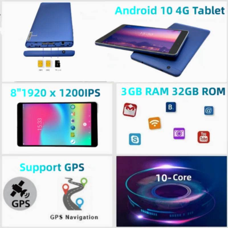 1920x1200 Pixels 8” Android 10 Tablet 3GB RAM 32GB ROM 10-Core MTK6797 4G Phone Call Dual SIM Card WIFI Support GPS Bluetooth - Price Value Store