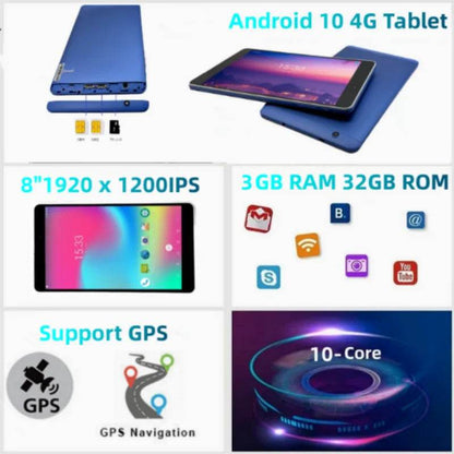 1920x1200 Pixels 8” Android 10 Tablet 3GB RAM 32GB ROM 10-Core MTK6797 4G Phone Call Dual SIM Card WIFI Support GPS Bluetooth - Price Value Store
