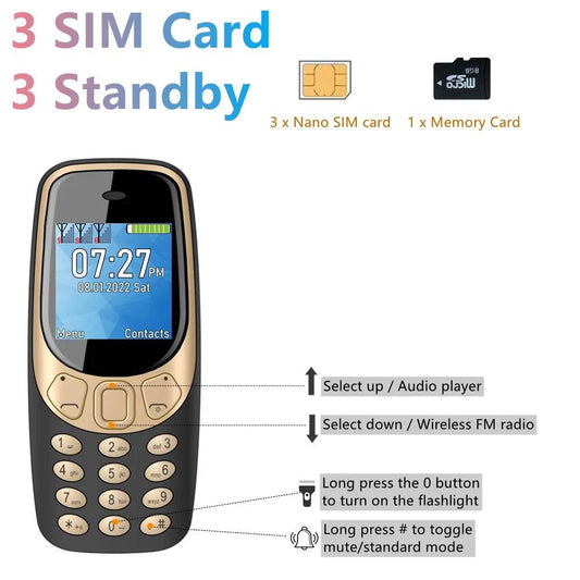SERVO Q3308 PRO 3 SIM Card 3 Standby Mini Mobile Phone Bluetooth Dial Speed Dial Magic Voice FM Radio Call Recording Cellphone - Price Value Store