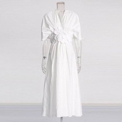 French Style Elegant Waisted Dress V-neck Stitching Flower Backless Slim-fit dress Women's Summer - Price Value Store