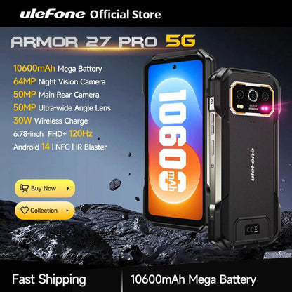 Ulefone Armor 27 Pro 5G Rugged Phone 10600mAh Smartphone 50MP Camera 64MP Night Android 14 Up to 24GB+256GB NFC Waterproof Phone - Price Value Store