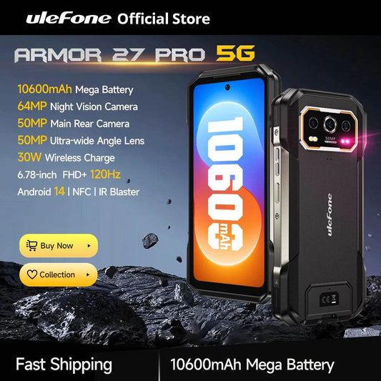 Ulefone Armor 27 Pro 5G Rugged Phone 10600mAh Smartphone 50MP Camera 64MP Night Android 14 Up to 24GB+256GB NFC Waterproof Phone - Price Value Store