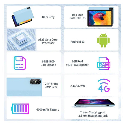 PRITOM TOUCH 10 Plus 10 Inch Android 13 Tablet, 8(4+4)GB+64GB 1TB Expand, WiFi 6, Dual Box Speakers, BT5.0, Google GMS, 2.0GHz - Price Value Store
