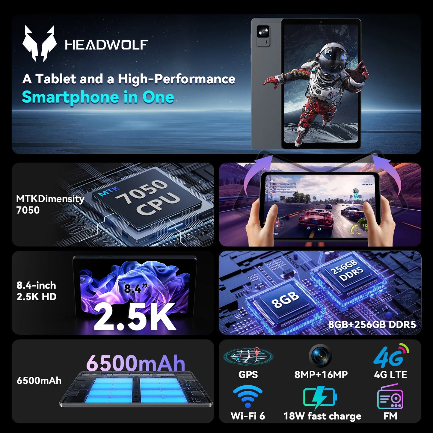 Headwolf FPad7 tablet 8" FHD Display Android 15 MTK Dimensity 7050 CPU 2560x1600 IPS/16GB+256GB/ 4G LTE 4G LTE Global Version