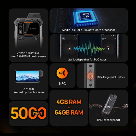 UNIWA W888 Waterproof Smartphone 4GB+64GB 6.3Inch FHD/HD 4G Walkie Talkie PTT Cellphone 5000mAh NFC Andriod 11 Mobile Phone ATEX - Price Value Store