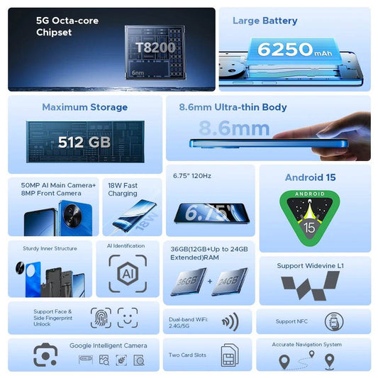 DOOGEE Note59 Pro+ 5G Smartphone Android 15 Global Version 6250mAh Battery 6.75'' 120Hz Display 12GB 512GB Mobile Phone NFC - Price Value Store