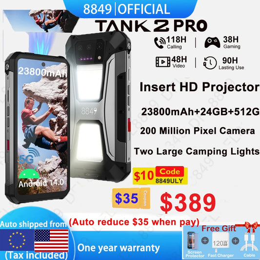 8849 Tank 2 PRO Rugged Smartphone with Projector  6.79" 2.4K Display 24GB 512GB Mobile Phone 23800mAh 120W Android 14 Phone