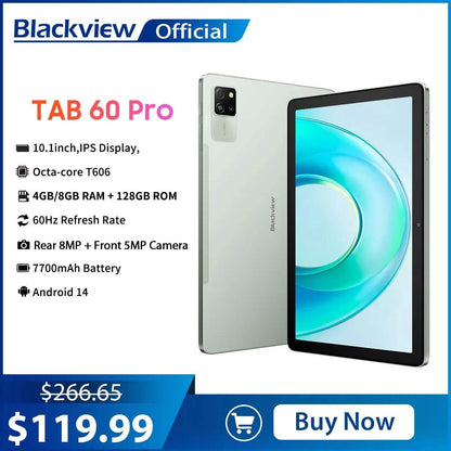Blackview Tab 60 Pro Tablet PC 10.1'' IPS Display Octa-core T606,4GB/8GB RAM+256GB ROM, 7700mAh Battery 10W Charge Android 14 - Price Value Store