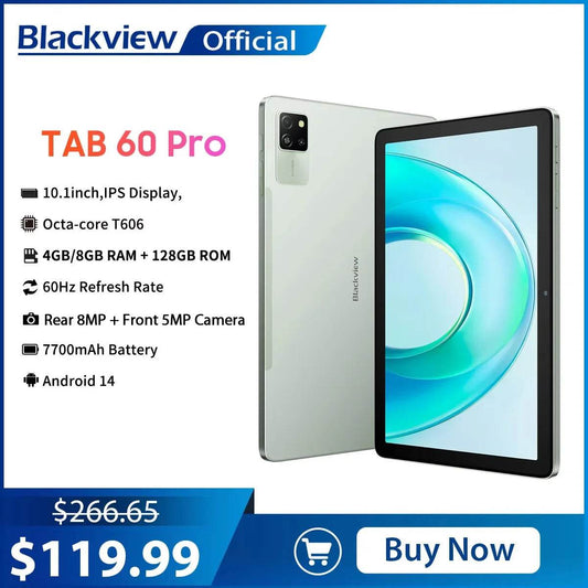 Blackview Tab 60 Pro Tablet PC 10.1'' IPS Display Octa-core T606,4GB/8GB RAM+256GB ROM, 7700mAh Battery 10W Charge Android 14 - Price Value Store