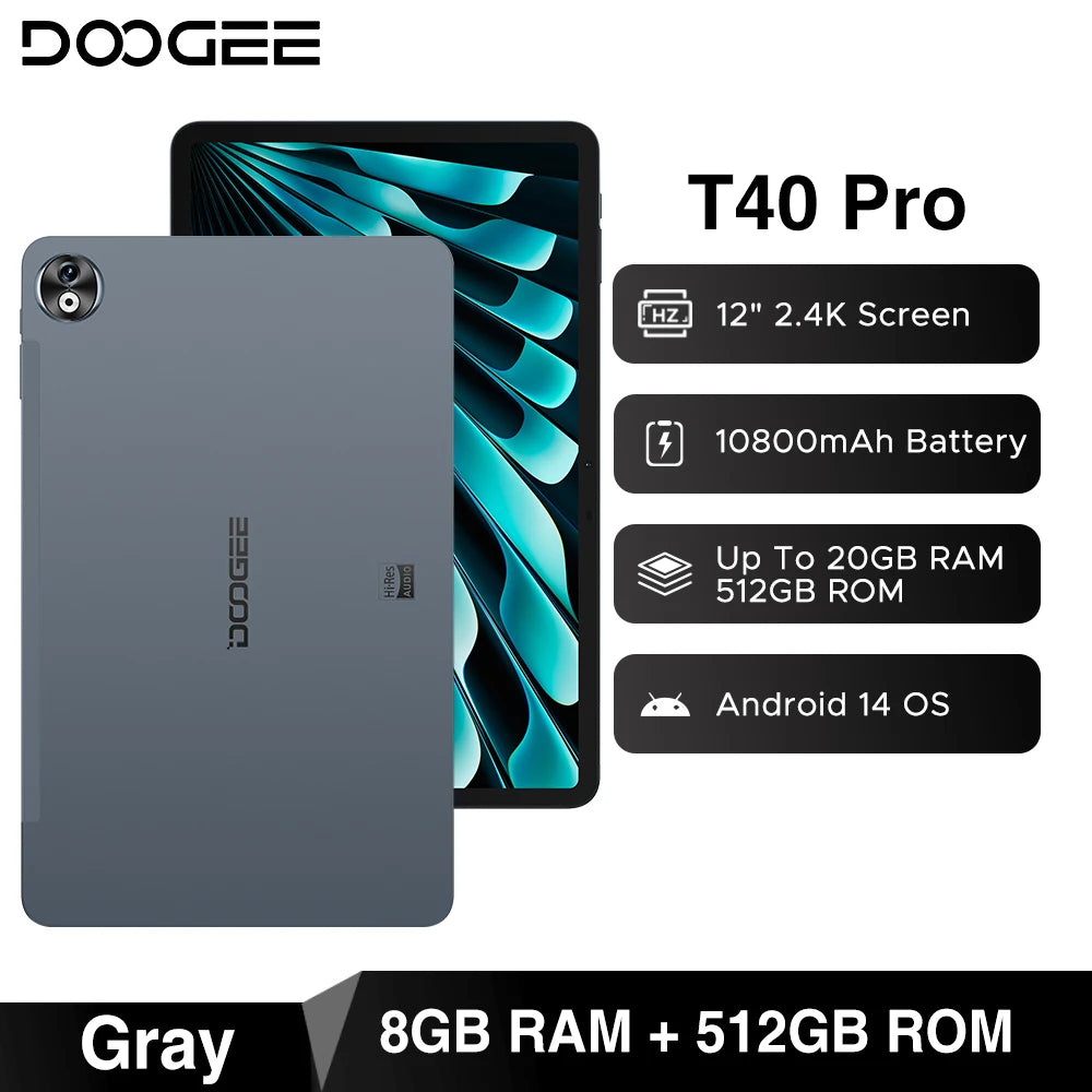 DOOGEE T40 Pro Tablet 12" IPS 2.4K 20GB(8+12) 512GB  Android 14  Helio G99 6nm 10800mAh 18W Charge Quad Speaker 7.6mm ultra-thin