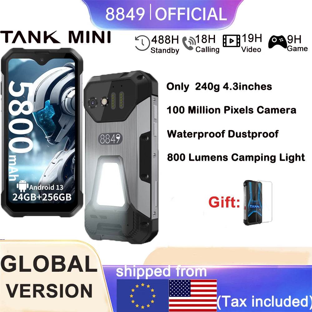 8849 Tank Mini Rugged Smartphone 16/24GB 256GB 5800mAh100Mp Camera Android 13 Cellphone 4.3 inch Waterproof Mobile Phone - Price Value Store