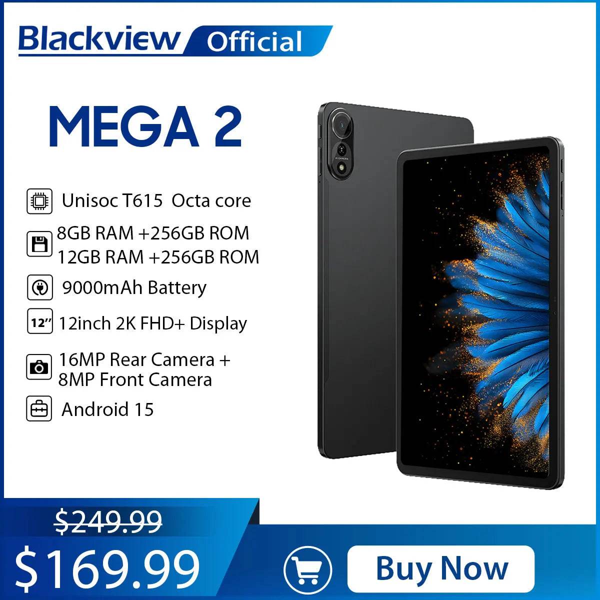 Blackview MEGA 2 Tablet PC 12'' 2K FHD+ Display Unisoc T615 12GB+12GB RAM 256GB ROM 9000mAh Battery 16MP Android 15 4G Tablets - Price Value Store