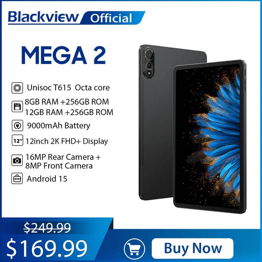 Blackview MEGA 2 Tablet PC 12'' 2K FHD+ Display Unisoc T615 12GB+12GB RAM 256GB ROM 9000mAh Battery 16MP Android 15 4G Tablets - Price Value Store