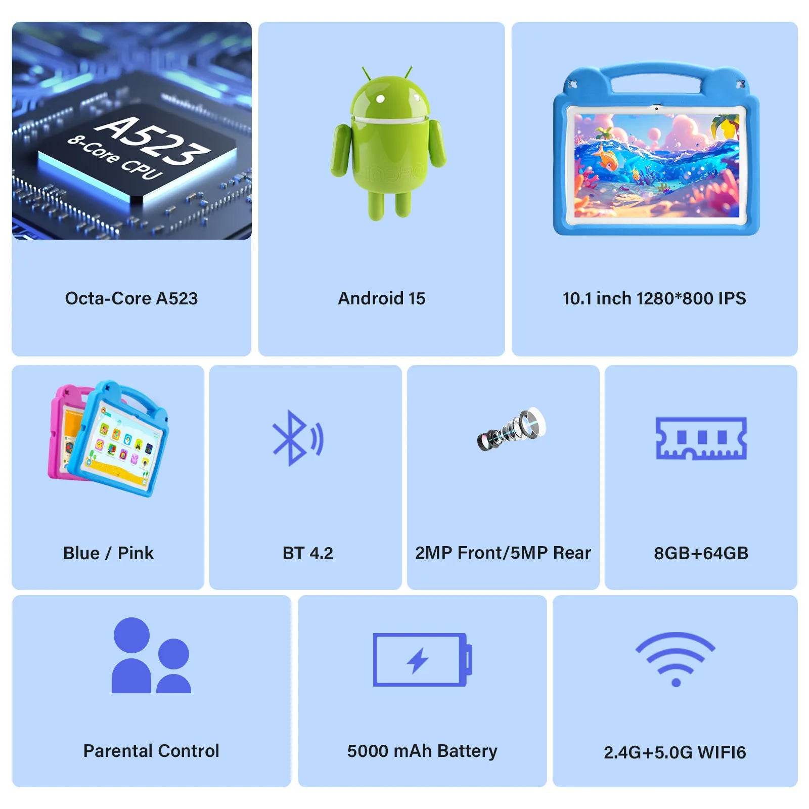 ANRY 2025 Kids Tablet Android 15 10.1 Inch A523 2.0GHZ 8GB（4+4 Expand) RAM 64GB ROM Octa-Core 5000Mah Tablets Children's Gifts - Price Value Store