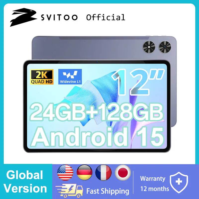 SVITOO Android Tablet 12 inch Large Screen Tablet 24GB+128GB 2K Display 18W Fast Charge 5MP+13MP Camera 8000mAh Battery Tablets - Price Value Store