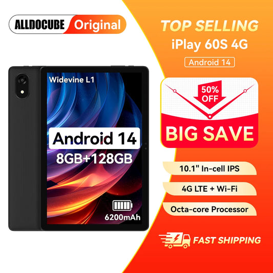 Alldocube iplay 60S 4G-LTE/WiFi Version 10.1" Tablet 4GB+8GB RAM 128GB ROM Android 14 OS 6200mAh Big Battery WiFi 6