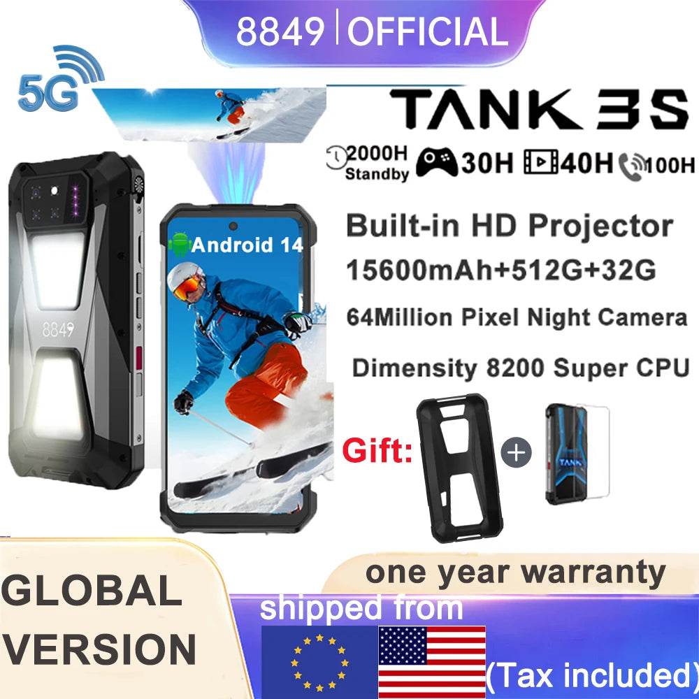 8849 Tank 3S Unihertz Rugged Smartphone with Projector 5G 24/32GB RAM 256/512GB ROM Dimensity 8200 64MP Night Vision Phone - Price Value Store