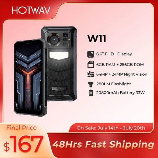 [World Premeire] HOTWAV W11 Rugged Phone 20800mAh 280LM Flashlight 6.6'' FHD+ Smartphone 33W 24MP Night Vision Mobile Phone - Price Value Store