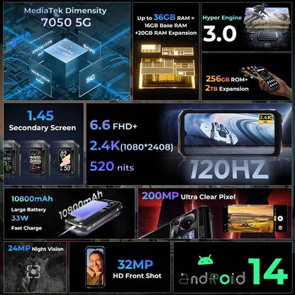 HOTWAV Hyper 7 Pro 5G Rugged Phone 200MP Android 14 6.6'' FHD+ 120Hz Smartphone 36(16+20)GB 256GB 10800mAh 33W Mobile Phone - Price Value Store