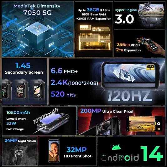 HOTWAV Hyper 7 Pro 5G Rugged Phone 200MP Android 14 6.6'' FHD+ 120Hz Smartphone 36(16+20)GB 256GB 10800mAh 33W Mobile Phone - Price Value Store