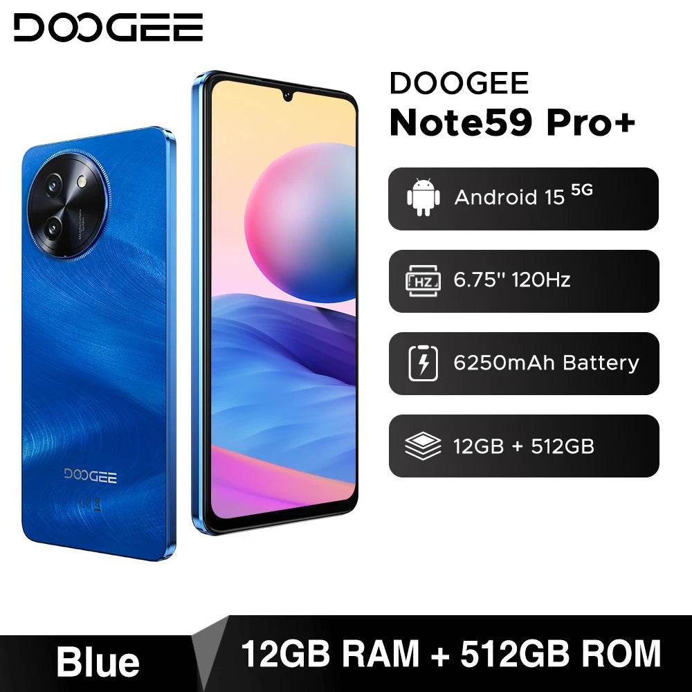 DOOGEE Note59 Pro+ 5G Smartphone Android 15 Global Version 6250mAh Battery 6.75'' 120Hz Display 12GB 512GB Mobile Phone NFC - Price Value Store