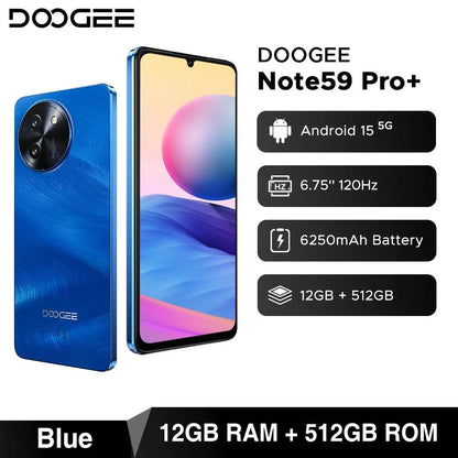 DOOGEE Note59 Pro+ 5G Smartphone Android 15 Global Version 6250mAh Battery 6.75'' 120Hz Display 12GB 512GB Mobile Phone NFC - Price Value Store