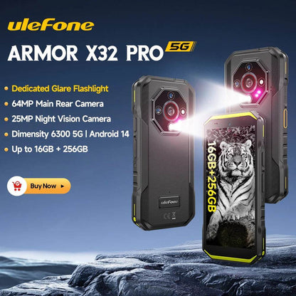 【2025 New】Ulefone Armor X32 Pro 5G Rugged Phone Smartphone Android 14 16GB RAM 256GB ROM 64MP Main Camera Dimensity 6300 NFC - Price Value Store