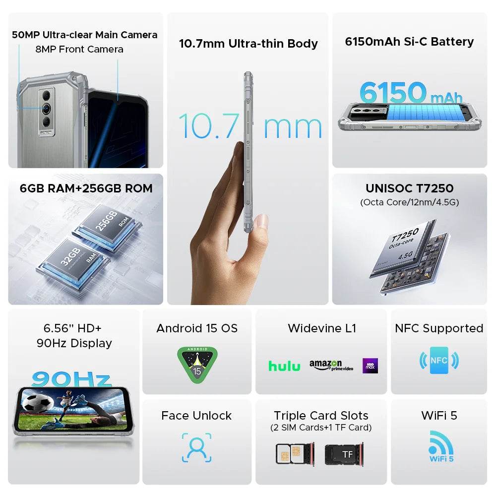 DOOGEE Blade10 Pro Energy Rugged Phone 6.56'' Screen 10.7mm Ultra-thin 6GB RAM 256GB ROM 6150mAh Battery Android 15 Smartphone - Price Value Store
