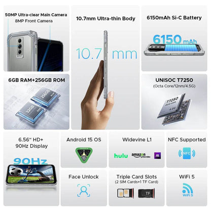 DOOGEE Blade10 Pro Energy Rugged Phone 6.56'' Screen 10.7mm Ultra-thin 6GB RAM 256GB ROM 6150mAh Battery Android 15 Smartphone - Price Value Store