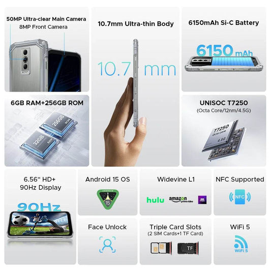 DOOGEE Blade10 Pro Energy Rugged Phone 6.56'' Screen 10.7mm Ultra-thin 6GB RAM 256GB ROM 6150mAh Battery Android 15 Smartphone - Price Value Store