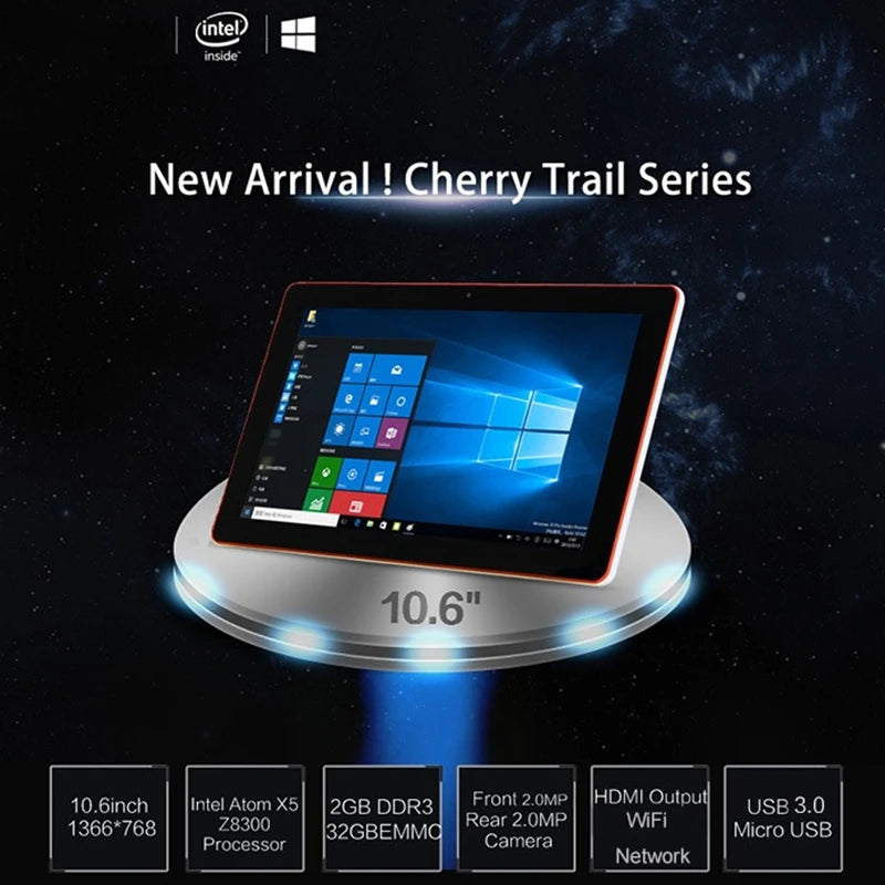 32Bit 10.6" Windows 10 Tablet PC 2GB RAM 32GB ROM X5 Z3735F Quad Core 1.33-GHz 1366 x 768 Pixel WIFI HD-MI 6600mAh ﻿