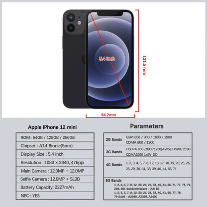 Unlocked Original Apple iPhone 12 mini 4GB RAM 64/128/256GB ROM IOS A14 Bionic Hexa Core 5.4'' Dual 12MP 5G Cell phone 98% New - Price Value Store