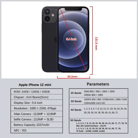 Unlocked Original Apple iPhone 12 mini 4GB RAM 64/128/256GB ROM IOS A14 Bionic Hexa Core 5.4'' Dual 12MP 5G Cell phone 98% New - Price Value Store