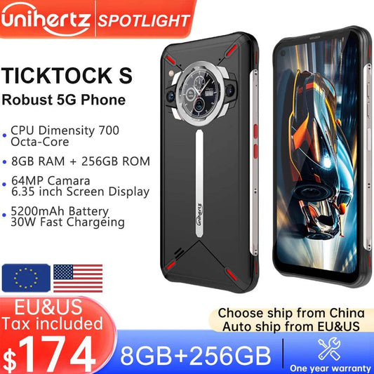 Unihertz Ticktock-S Slim Rugged 5G Smartphone 8GB 256GB Cell Phone 5200mAh Dual Screen Mobile Phone 64MP Camera Dimensity 700 - Price Value Store