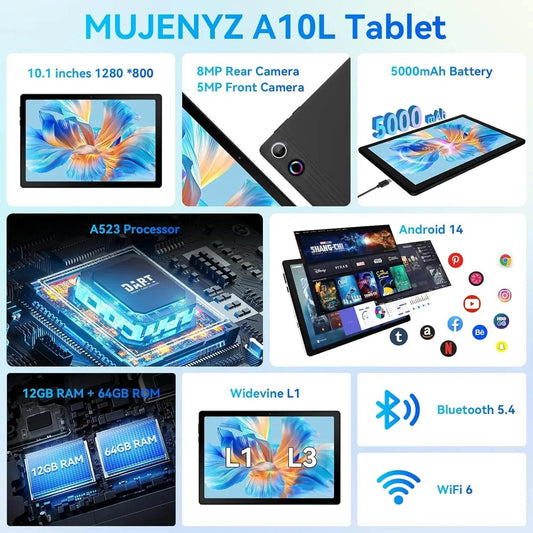 URAO A10L Android 14 Tablet 10.1-inch 12GB RAM 64GB ROM Octa-Core 5G WiFi with Keyboard Mouse Touch Pen Headset Case Tablet Kit - Price Value Store