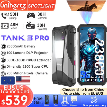 Unihertz Tank 3 Pro 8849 Rugged 5G Smartphone Android with 100 Lumens Projector 32GB 512GB 23800mAh 6.79" FHD Waterproof Phone