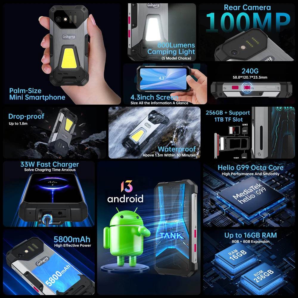 8849 Tank Mini Rugged Smartphone 16/24GB 256GB 5800mAh100Mp Camera Android 13 Cellphone 4.3 inch Waterproof Mobile Phone - Price Value Store
