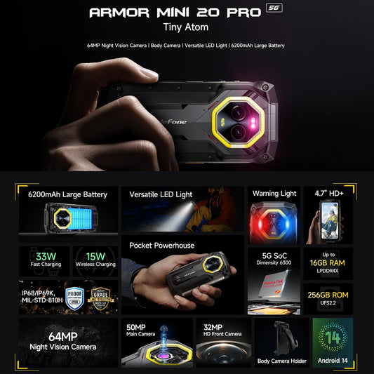 Ulefone Armor Mini 20 Pro 5G Rugged Smartphone 4.7" 64MP Night Camera 8GB+256GB 6200mAh Battery Android 14 Mobile phone LED NFC