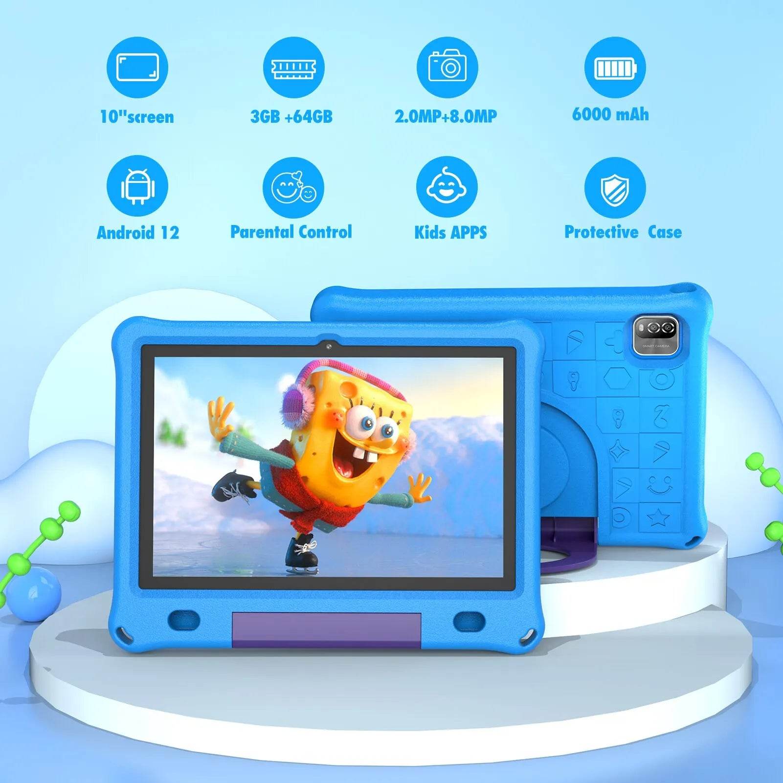 Pritom 10.1 Inch Kids Tablet Android 12 WIFI 6 Quad Core Processor 3GB RAM 64GB ROM YouTube with EVA Protective Case - Price Value Store