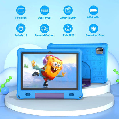 Pritom 10.1 Inch Kids Tablet Android 12 WIFI 6 Quad Core Processor 3GB RAM 64GB ROM YouTube with EVA Protective Case - Price Value Store