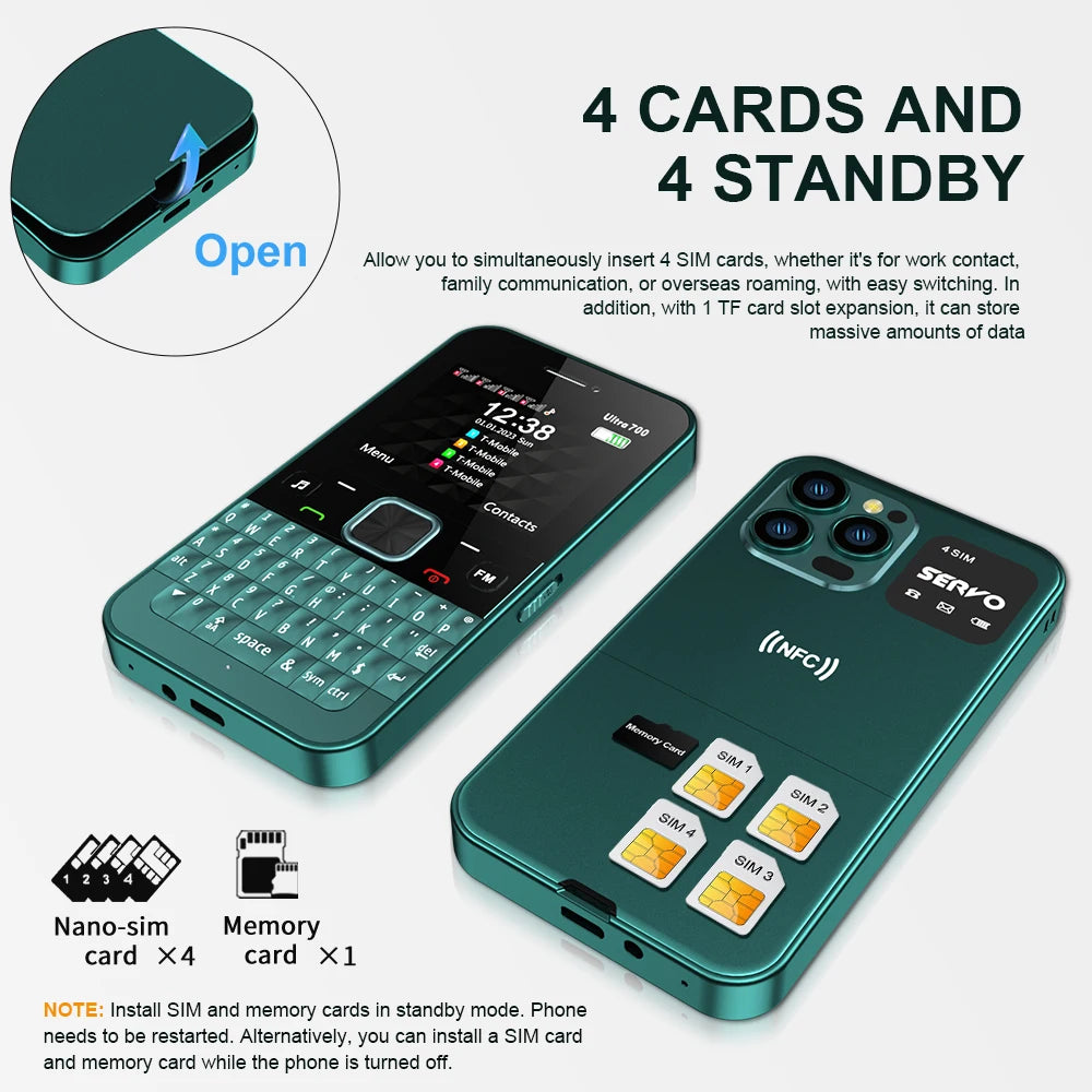 NEW! SERVO Ultra700 Full Keyboard Input Mobile Phone 4 Nano SIM Standby NFC Unlock FM Torch 2.4" Screen Cellular QWERTY Keyboard