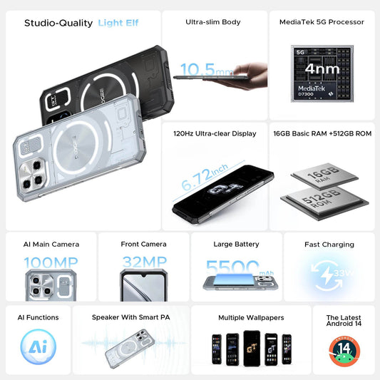 World Premiere DOOGEE Blade GT Ultra 5G Rugged Phone Dimensity 7300 6.72'' 16GB+512GB LED Light Effect Ultra-thin Smartphone - Price Value Store