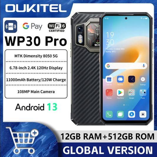 Oukitel WP30 Pro 5G Rugged Smartphone 12GB+512GB 120W Android13 Mobile Phone 11000mAh 6.78" FHD+ 108MP Camera oukitel Cell Phone