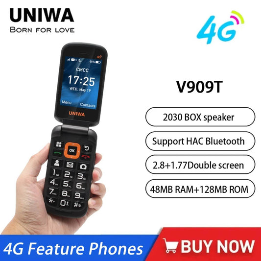UNIWA V909T 4G Flip Phone Dual Screen Single Nano Cellphone Big Push-Button Mobile Phone for Elderly 2250mAh Russian Keyboard - Price Value Store