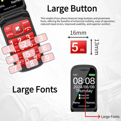 Senior Flip Dual Display Mobile Phone For Elderly Two SIM Card Large Button Speed Dial Flashlight FM Radio Push Button SOS Call - Price Value Store