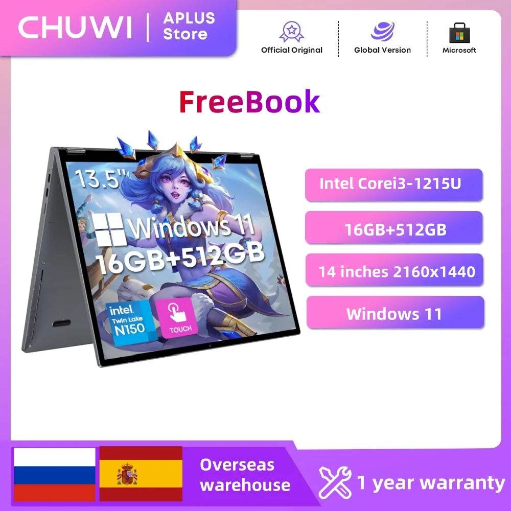 CHUWI FreeBook 2-in-1 Laptop 13.5'' 116GB LPDDR5 RAM 512GB SSD Intel N100/N150(up to 3.6GHz) FHD 2TB SSD Expand Windows 11 - Price Value Store