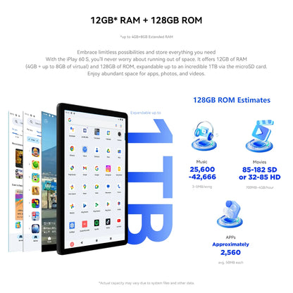 Alldocube iplay 60S 4G-LTE/WiFi Version 10.1" Tablet 4GB+8GB RAM 128GB ROM Android 14 OS 6200mAh Big Battery WiFi 6