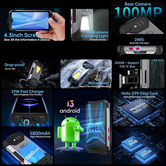 Unihertz 8849 Tank mini 1 Rugged Phone 4.3inch 8GB+256GB Night Vision Android 13 Helio G99 Octa Core 100MP Camera 5800mAh 5G - Price Value Store