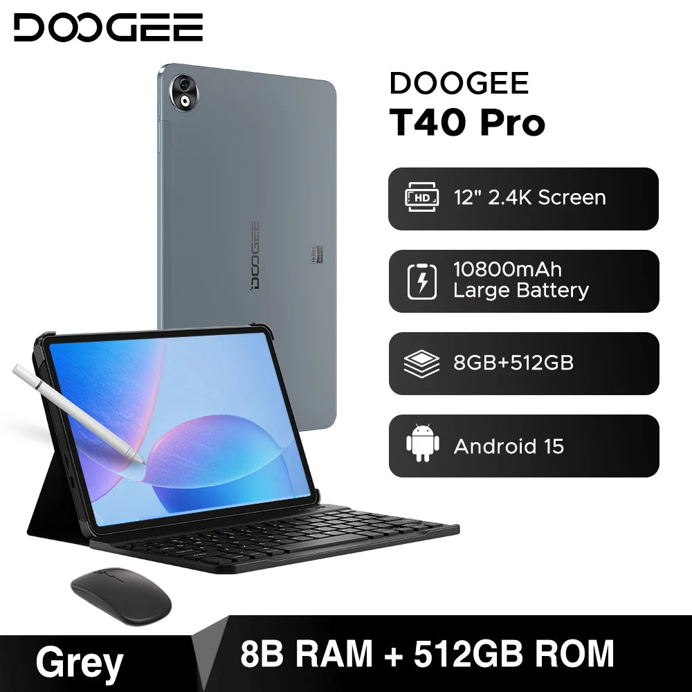 DOOGEE T40 Pro Tablet 12" IPS 2.4K 20GB(8+12) 512GB  Android 14  Helio G99 6nm 10800mAh 18W Charge Quad Speaker 7.6mm ultra-thin