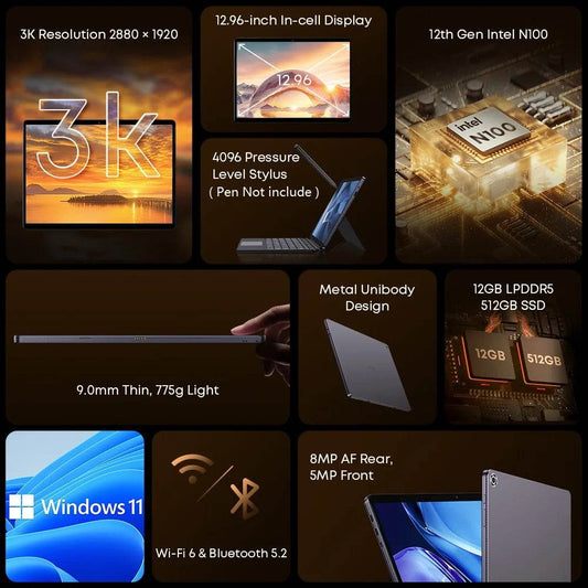 CHUWI 2 In 1 Hi10 Max Tablet PC 12.96inch 2880*1920 Screen N150/N100 Laptop 12GB RAM 512GB ROM Windows 11 Tablets 2.4G/5G WiFi - Price Value Store